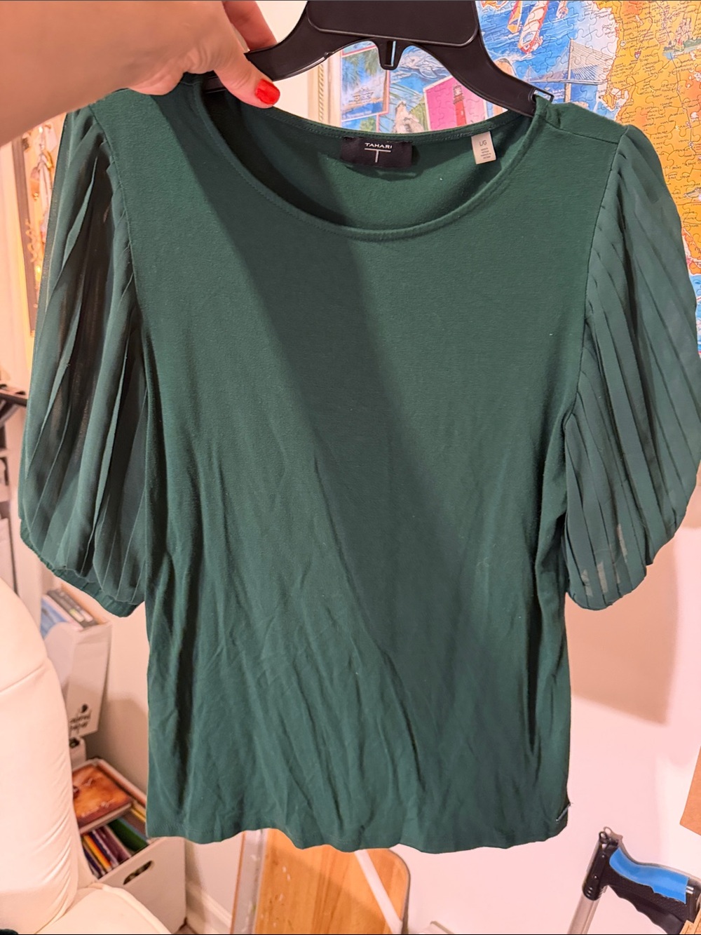 Tahari Dark Green Pleated Puff-Sleeve Top